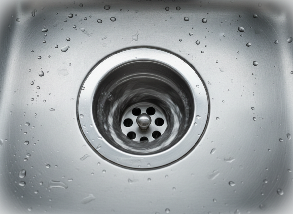 A close-up, photographic view of a stainless steel kitchen sink drain as a powerful stream of clear water swirls rapidly, disappearing smoothly into a freshly cleared drain. The sink’s brushed steel surface glistens with tiny beads of water, and the drain’s polished chrome rim reflects subtle highlights. Soft, cool-toned under-cabinet LED lighting casts even illumination across the basin, creating a clean, almost clinical appearance with gentle shadows around the drain opening. Shot from directly above with a fast shutter speed to freeze the motion of the spinning water, the background falls into a slight blur at the corners, drawing attention to the functioning drain. The mood is efficient and satisfying, visually representing successful drain cleaning in a modern, professional, photographic style.