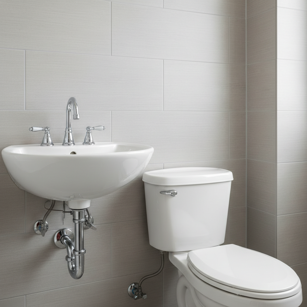 A spotless, modern residential bathroom featuring a pristine white porcelain toilet, a sleek dual-flush chrome handle, and a shining ceramic pedestal sink with polished chrome faucet fixtures. The plumbing underneath the sink is exposed, showcasing neatly aligned chrome P-traps and shutoff valves against a smooth, light gray tiled wall. Natural daylight filters in from an off-frame frosted window, creating soft, even illumination and faint shadows along the tile grout lines. Shot from a slightly elevated angle with sharp focus throughout, the composition uses the rule of thirds to balance fixtures and negative space. The mood is clean, trustworthy, and reassuring, highlighting the results of expert plumbing work in photographic realism with a bright, professional aesthetic.