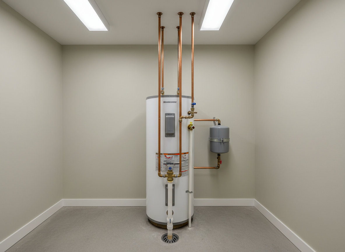 A clean, well-lit utility room with a tall, energy-efficient white tank-style water heater standing against a freshly painted light beige wall. Copper supply lines and neatly labeled shutoff valves run vertically with precise bends, while an insulated PVC drain line descends toward a floor drain set into smooth concrete. Nearby, a compact gray expansion tank is firmly mounted with secure brackets. Overhead LED shop lighting produces crisp, neutral illumination, creating soft shadows and subtle highlights on the metal pipes. Captured from eye level with a wide-angle lens, the composition includes the entire installation, emphasizing orderliness and code-compliant detail. The mood is dependable and technical, conveying confidence in professional water heater installation through photographic realism and a clean, businesslike atmosphere.