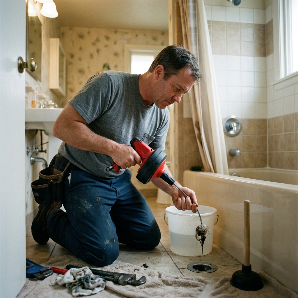 Plumber kneeling on bathroom floor using a manual drain snake to remove a clog from a floor drain