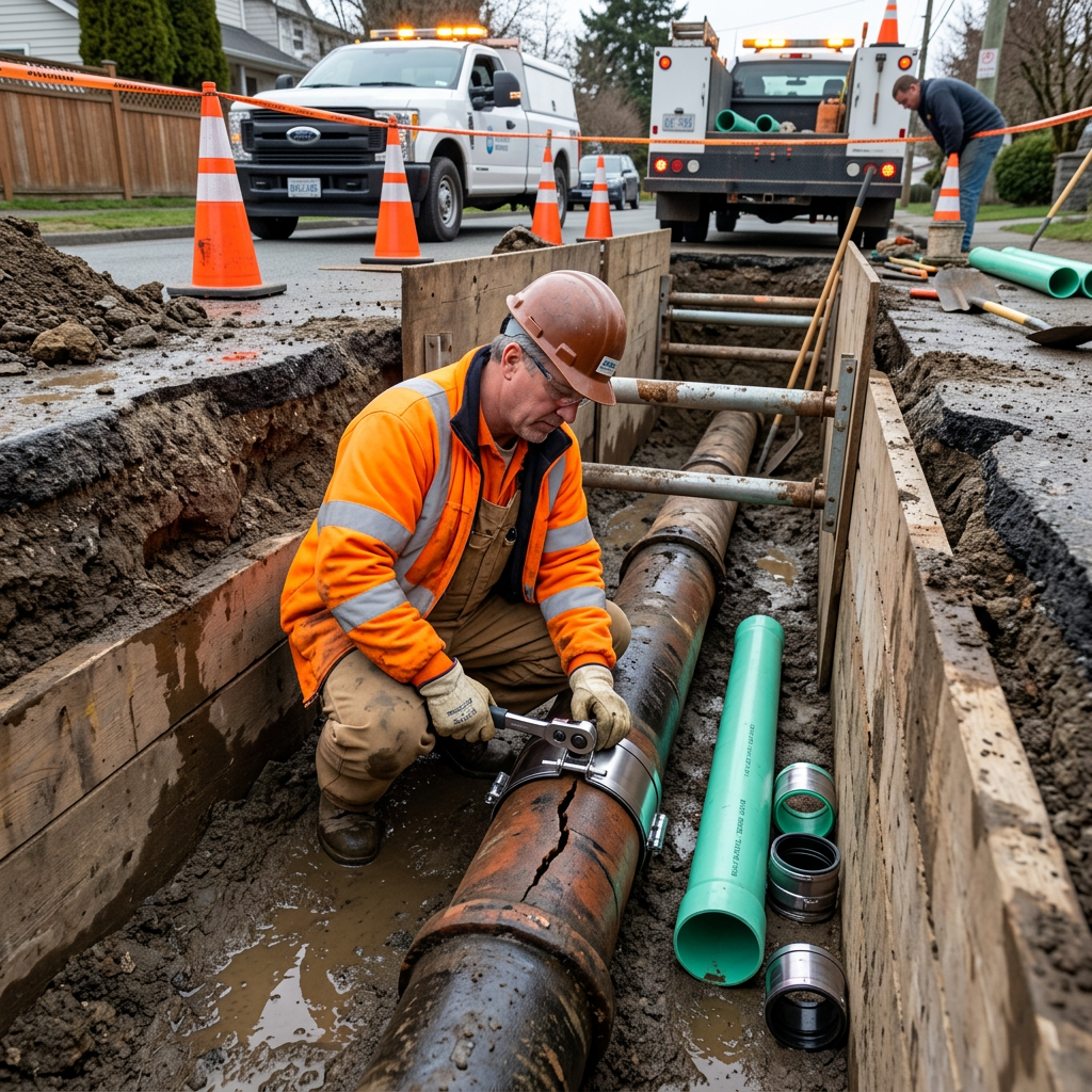 Construction worker fixing cracked underground water pipe with clamp