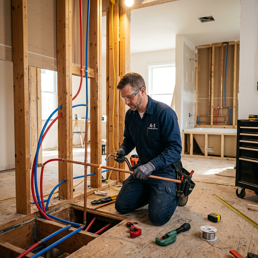 Plumber soldering copper pipes inside a partially constructed room
