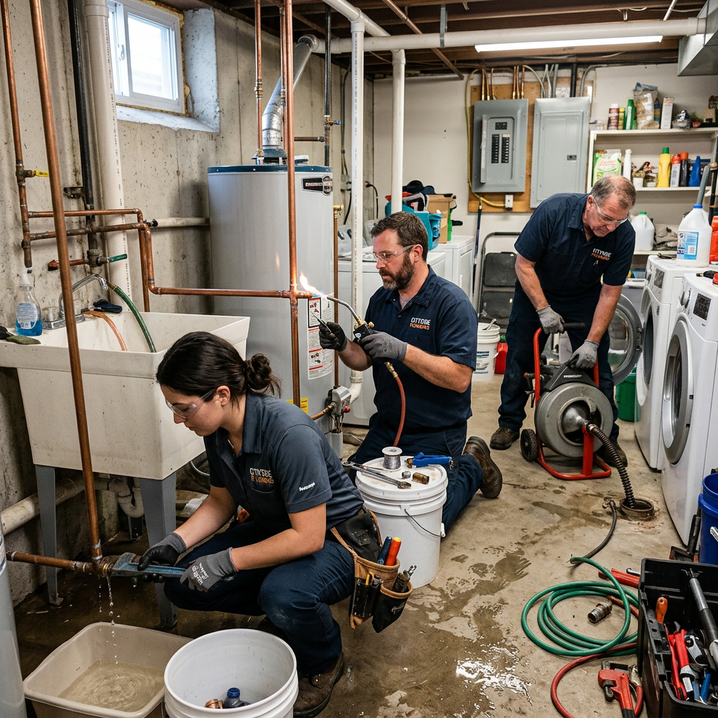 Three plumbers working on copper pipes and drains in a basement laundry room