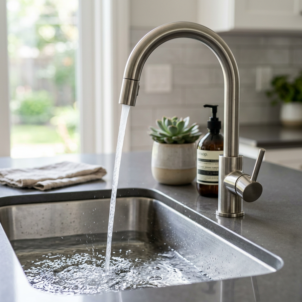 Stainless steel kitchen faucet with water flowing into the sink