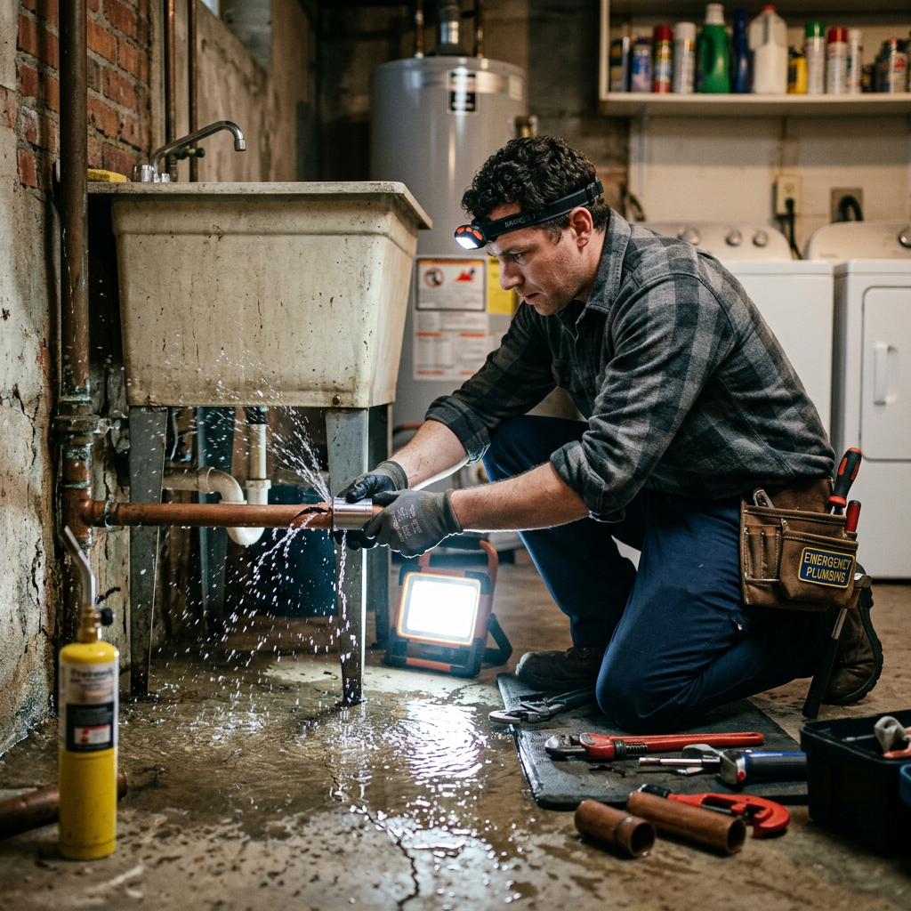 Emergency plumber repairing burst pipe