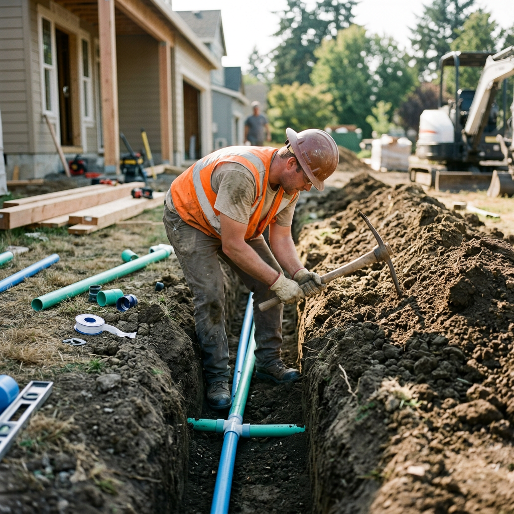 Worker digging trench for plumbing pipes