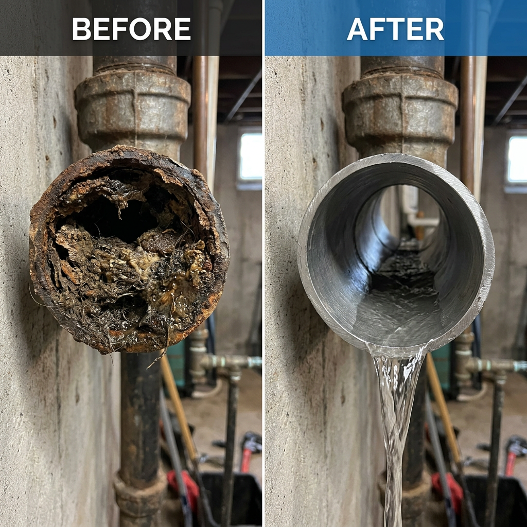 Clogged pipes before and after comparison
