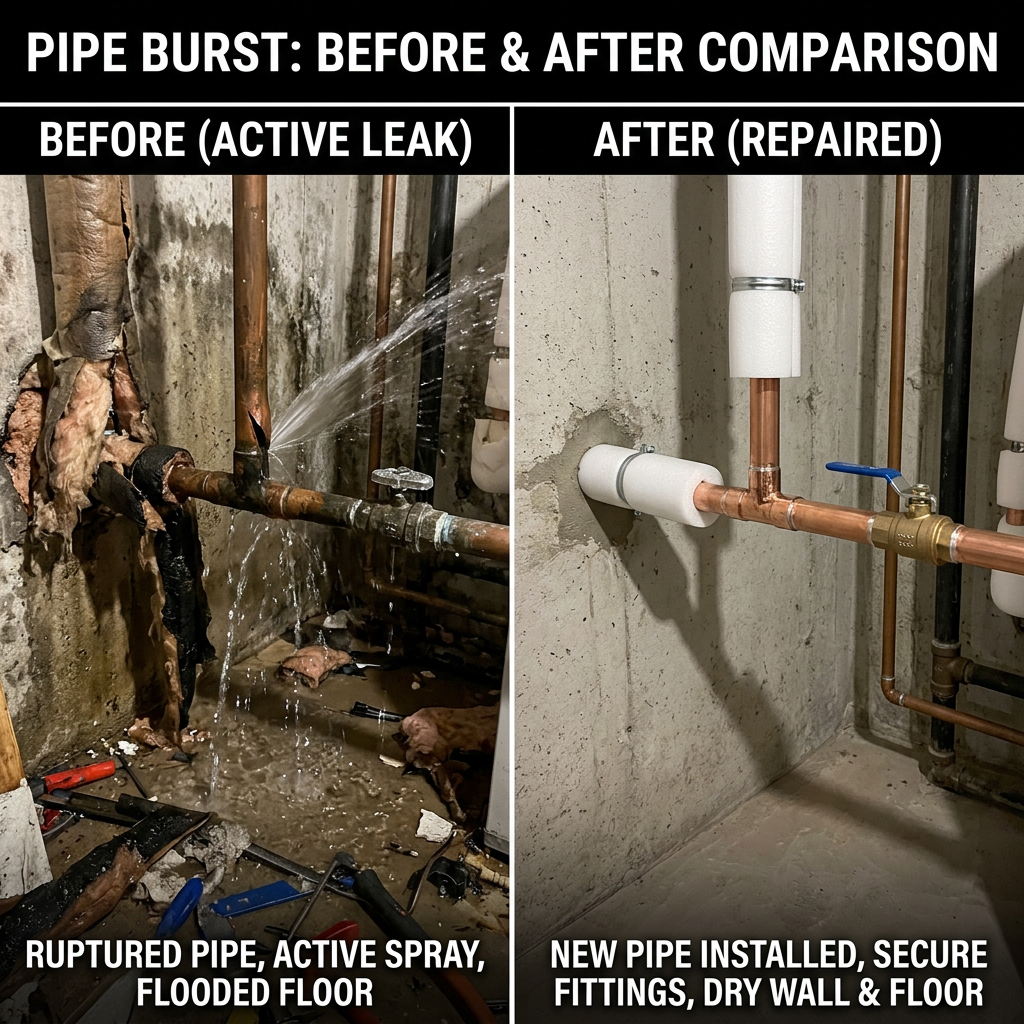 Burst pipes before and after comparison