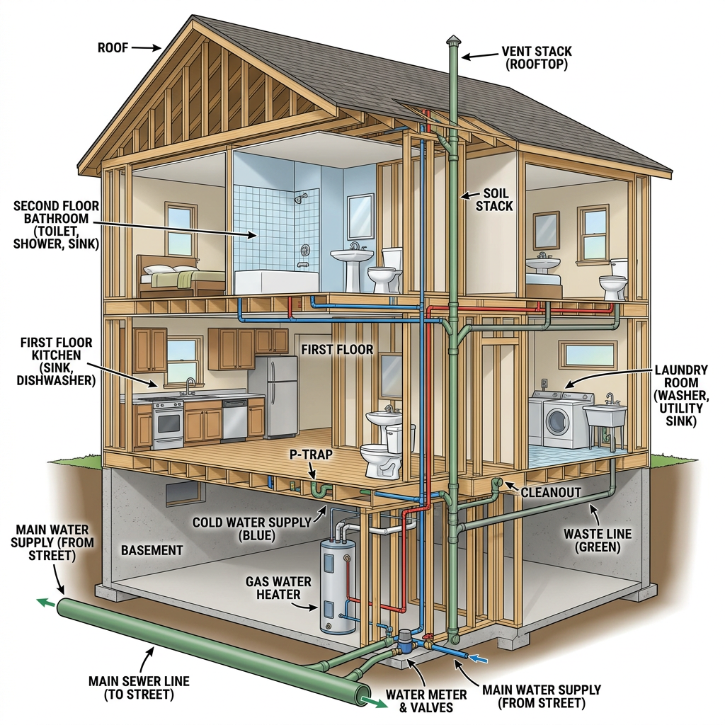 House plumbing system layout with visible pipes