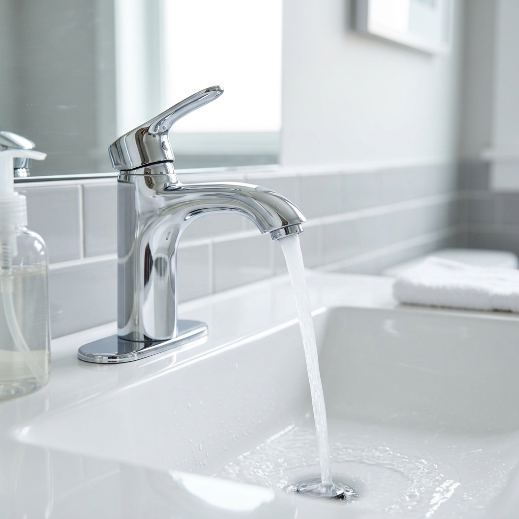 Clean bathroom faucet pouring water